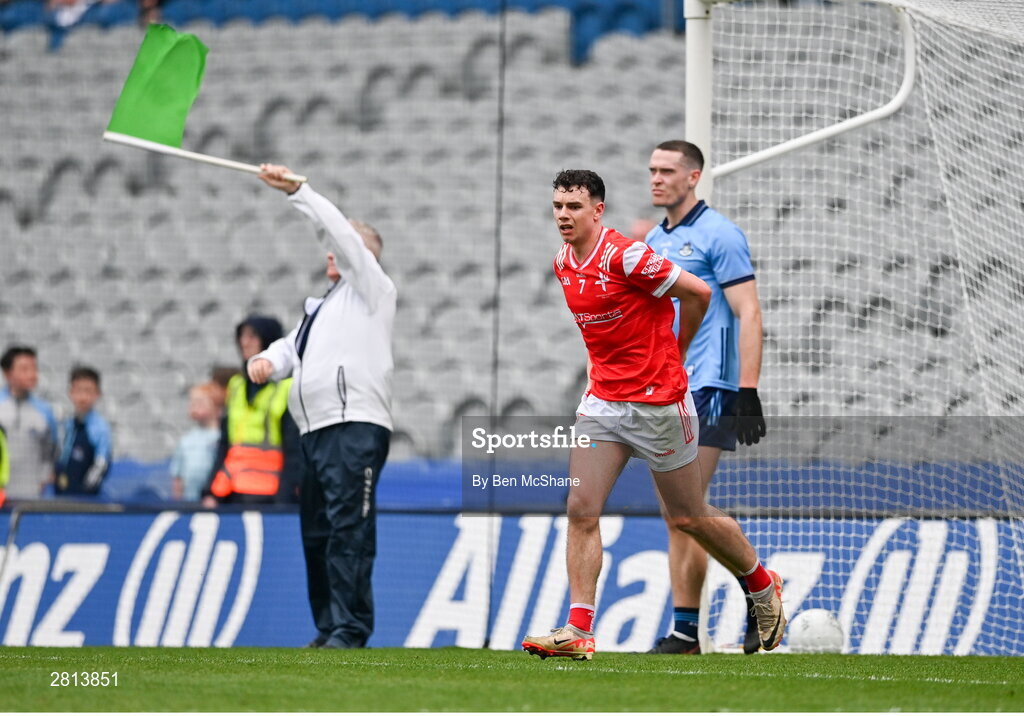 12 May 2024; Craig Lennon of Louth after scoring his side's second goal, in stoppage time, during the Leinster GAA Football Senior Championship final match between Dublin and Louth at Croke Park in Dublin. Photo by Ben McShane/Sportsfile