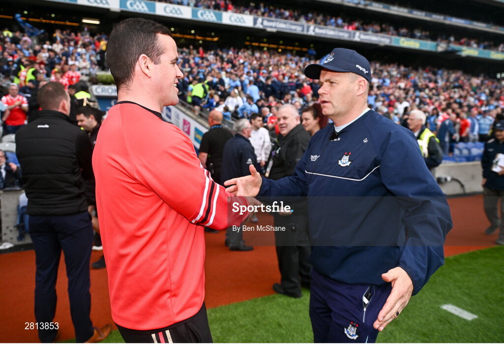 12 May 2024; Louth manager Ger Brennan, left, and Dublin manager Dessie Farrell after the Leinster GAA Football Senior Championship final match between Dublin and Louth at Croke Park in Dublin. Photo by Ben McShane/Sportsfile