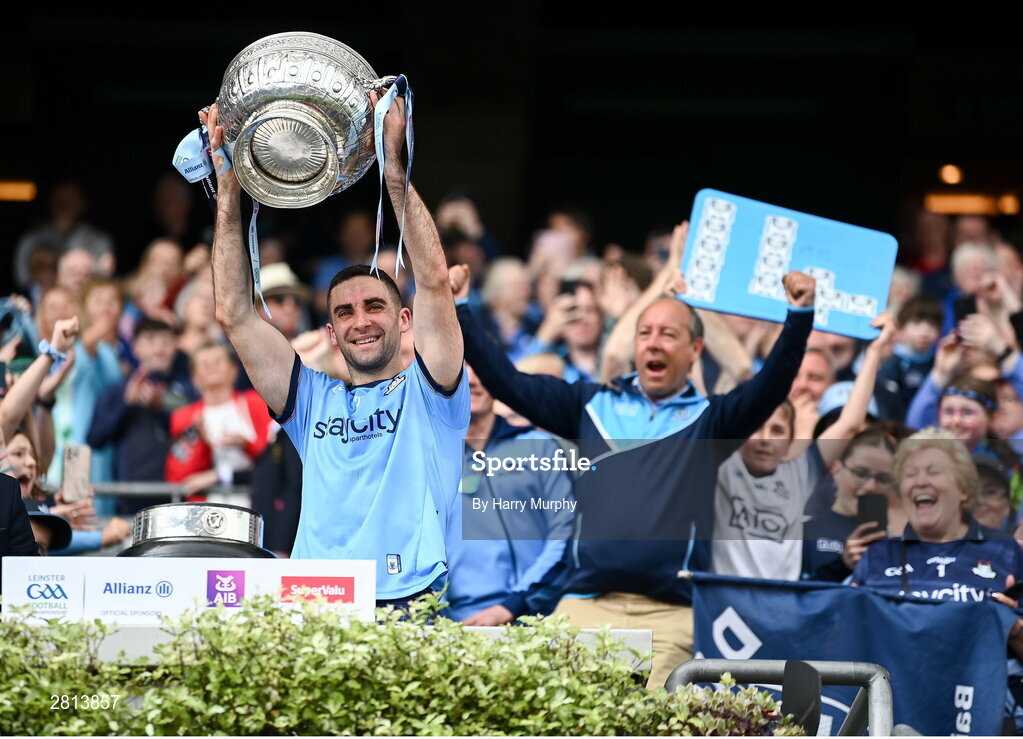 12 May 2024; Dublin captain James McCarthy lifts the Delaney Cup after his side's victory in the Leinster GAA Football Senior Championship final match between Dublin and Louth at Croke Park in Dublin. Photo by Harry Murphy/Sportsfile