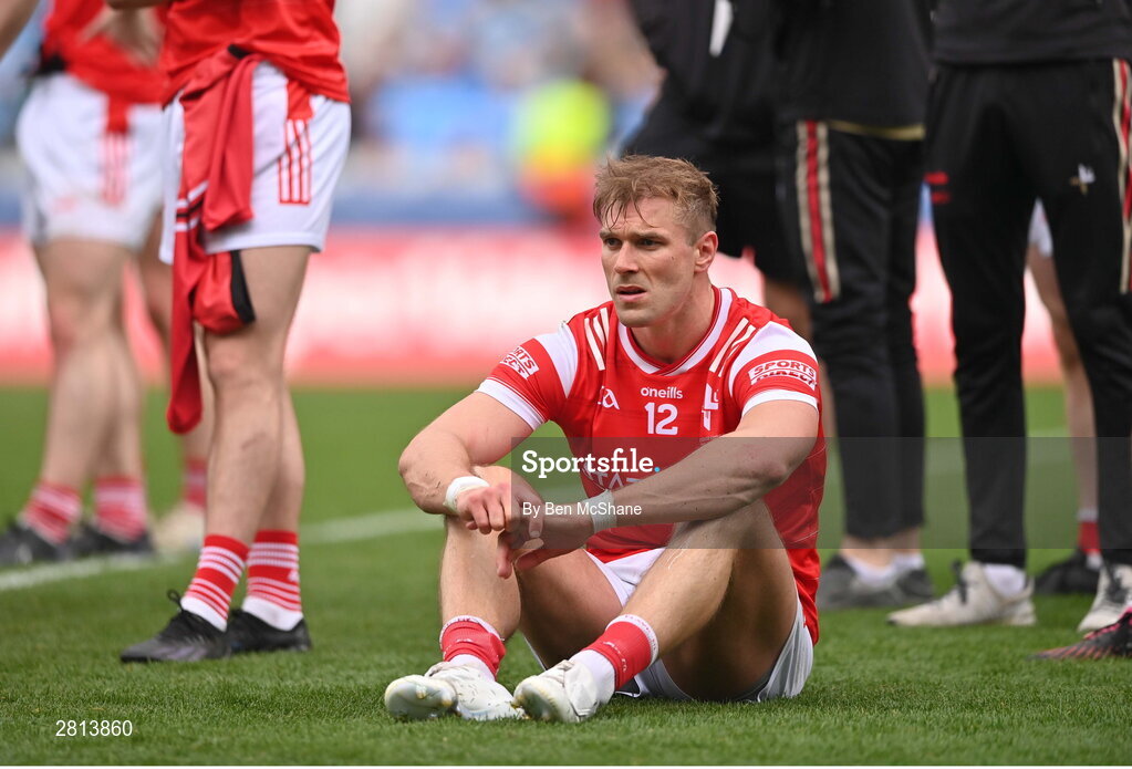 12 May 2024; Conor Grimes of Louth reacts after his side's defeat in during the Leinster GAA Football Senior Championship final match between Dublin and Louth at Croke Park in Dublin. Photo by Ben McShane/Sportsfile