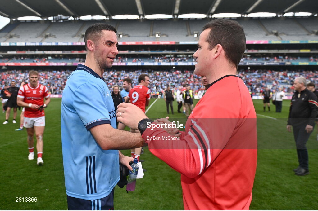 12 May 2024; Louth manager Ger Brennan, right, with Dublin captain James McCarthy after the Leinster GAA Football Senior Championship final match between Dublin and Louth at Croke Park in Dublin. Photo by Ben McShane/Sportsfile