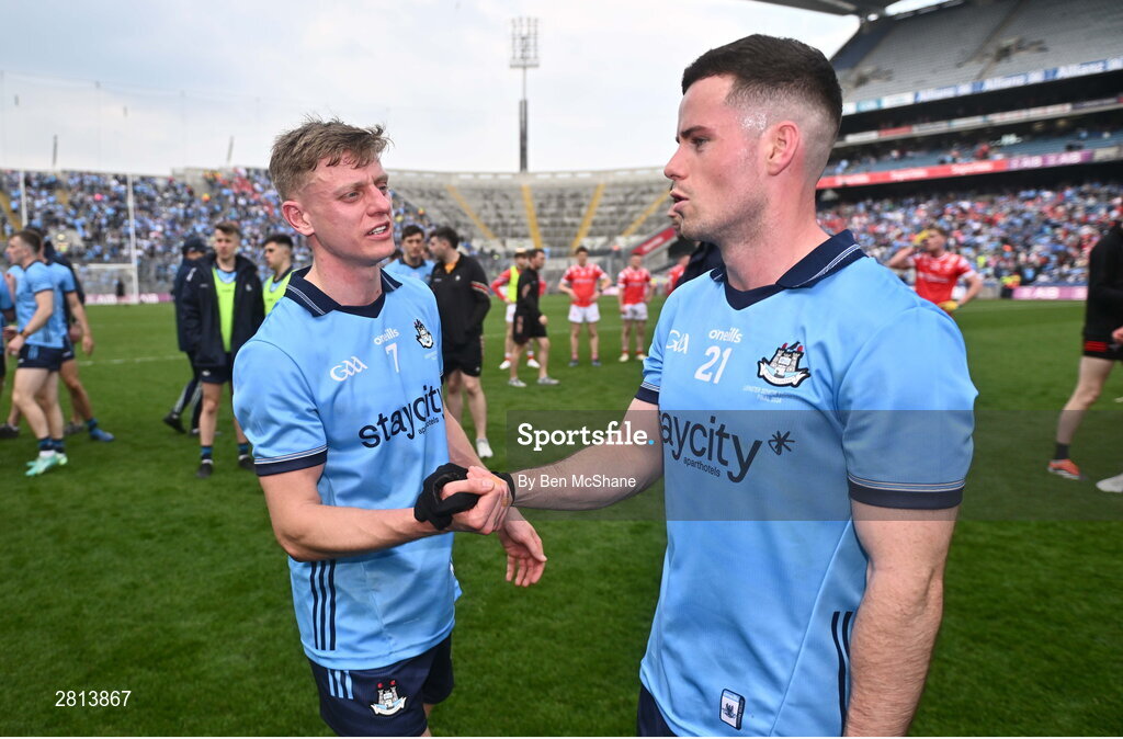 12 May 2024; Cian Murphy, left, and Ross McGarry of Dublin celebrate after the Leinster GAA Football Senior Championship final match between Dublin and Louth at Croke Park in Dublin. Photo by Ben McShane/Sportsfile