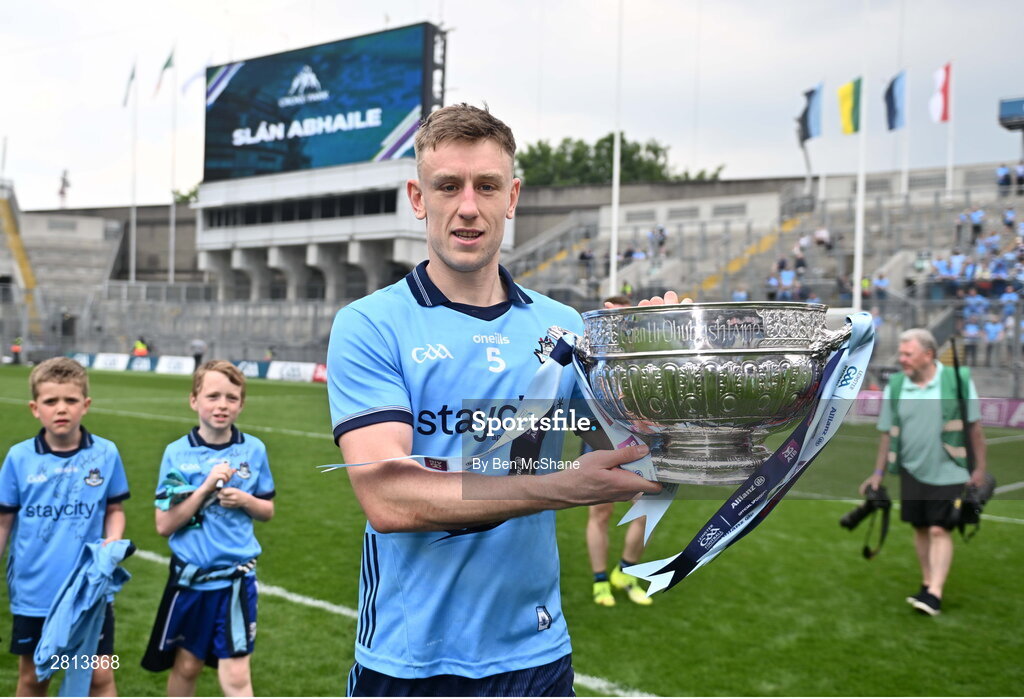 12 May 2024; Tom Lahiff of Dublin with the cup after the Leinster GAA Football Senior Championship final match between Dublin and Louth at Croke Park in Dublin. Photo by Ben McShane/Sportsfile
