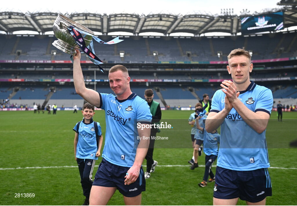 12 May 2024; Ciaran Kilkenny, left, and Tom Lahiff of Dublin after the Leinster GAA Football Senior Championship final match between Dublin and Louth at Croke Park in Dublin. Photo by Ben McShane/Sportsfile