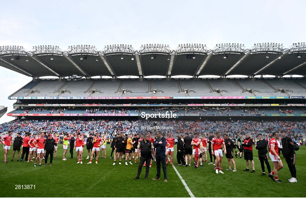 12 May 2024; Louth players and staff after their defeat in the Leinster GAA Football Senior Championship final match between Dublin and Louth at Croke Park in Dublin. Photo by Ben McShane/Sportsfile