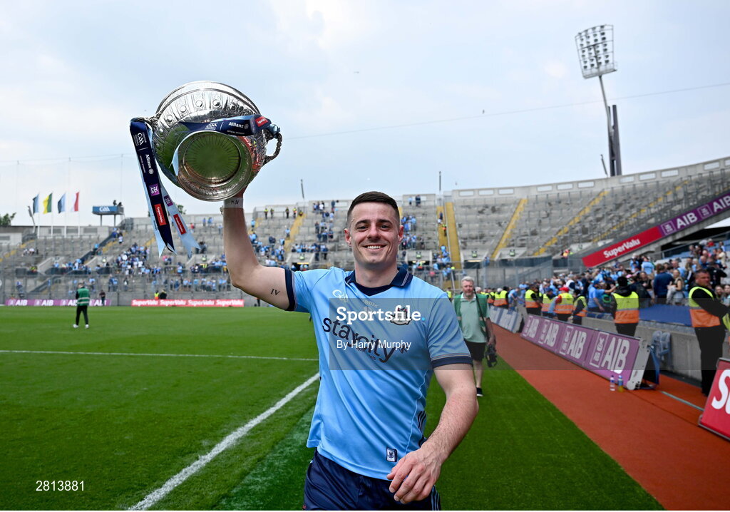 12 May 2024; Brian Howard of Dublin with the Delaney Cup after his side's victory in the Leinster GAA Football Senior Championship final match between Dublin and Louth at Croke Park in Dublin. Photo by Harry Murphy/Sportsfile
