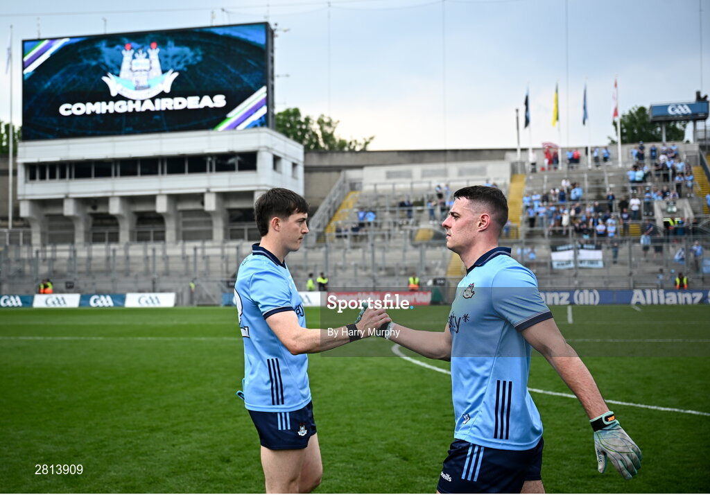 12 May 2024; Brian Howard and Killian McGinnis of Dublin after their side's victory in the Leinster GAA Football Senior Championship final match between Dublin and Louth at Croke Park in Dublin. Photo by Harry Murphy/Sportsfile