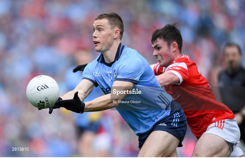 12 May 2024; Con O'Callaghan of Dublin in action against Dan Corcoran of Louth during the Leinster GAA Football Senior Championship final match between Dublin and Louth at Croke Park in Dublin. Photo by Shauna Clinton/Sportsfile