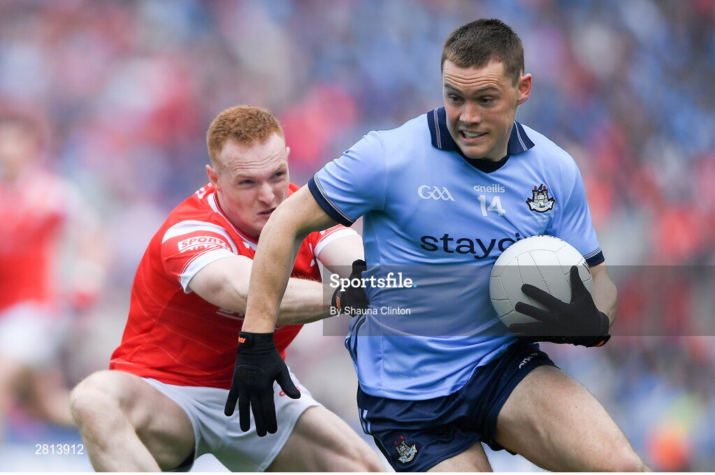 12 May 2024; Con O'Callaghan of Dublin is tackled by Donal Mc Kenny of Louth during the Leinster GAA Football Senior Championship final match between Dublin and Louth at Croke Park in Dublin. Photo by Shauna Clinton/Sportsfile