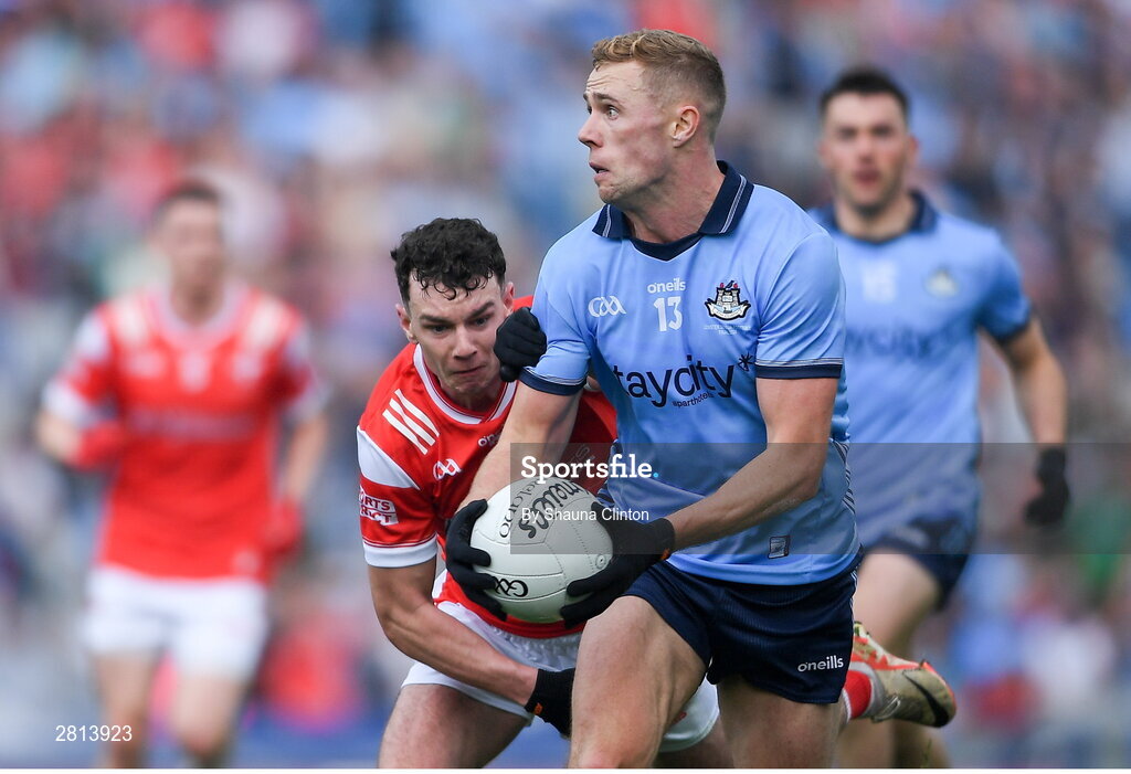 12 May 2024; Paul Mannion of Dublin is tackled by Craig Lennon of Louth during the Leinster GAA Football Senior Championship final match between Dublin and Louth at Croke Park in Dublin. Photo by Shauna Clinton/Sportsfile