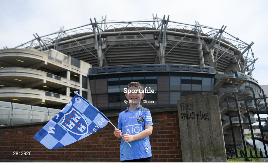12 May 2024; Dublin supporter Maddox Killeen, aged six, from Ballyfermot in Dublin before the Leinster GAA Football Senior Championship final match between Dublin and Louth at Croke Park in Dublin. Photo by Shauna Clinton/Sportsfile