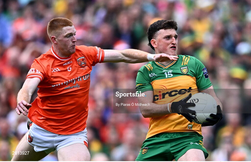 12 May 2024; Niall O'Donnell of Donegal in action against Ciarán Mackin of Armagh during the Ulster GAA Football Senior Championship final match between Armagh and Donegal at St Tiernach's Park in Clones, Monaghan. Photo by Piaras Ó Mídheach/Sportsfile