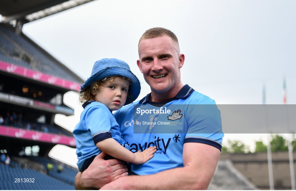 12 May 2024; Ciaran Kilkenny of Dublin, with his godson Iarlaith Ó Fríghil, after his side's victory in the Leinster GAA Football Senior Championship final match between Dublin and Louth at Croke Park in Dublin. Photo by Shauna Clinton/Sportsfile