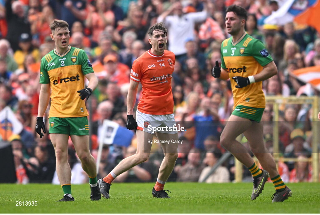 12 May 2024; Andrew Murnin of Armagh celebrates after kicking a point during the Ulster GAA Football Senior Championship final match between Armagh and Donegal at St Tiernach's Park in Clones, Monaghan. Photo by Ramsey Cardy/Sportsfile