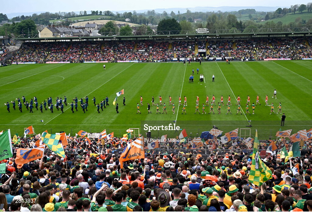 12 May 2024; The parade before the Ulster GAA Football Senior Championship final match between Armagh and Donegal at St Tiernach's Park in Clones, Monaghan. Photo by Piaras Ó Mídheach/Sportsfile