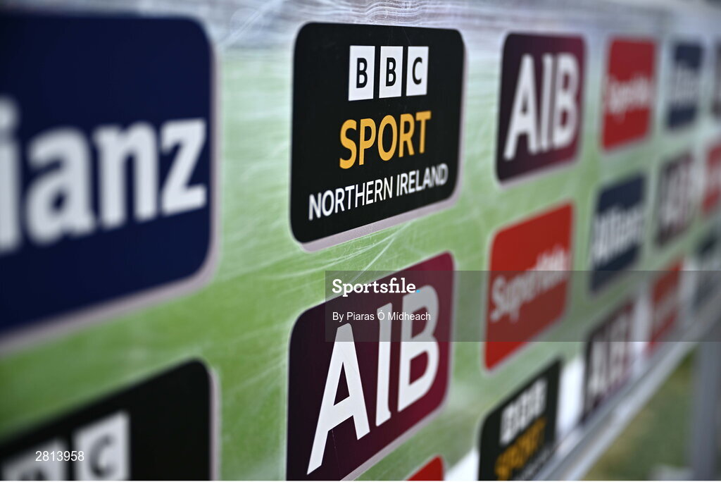 12 May 2024; A media broadcast backdrop for BBC Sport at the Ulster GAA Football Senior Championship final match between Armagh and Donegal at St Tiernach's Park in Clones, Monaghan. Photo by Piaras Ó Mídheach/Sportsfile