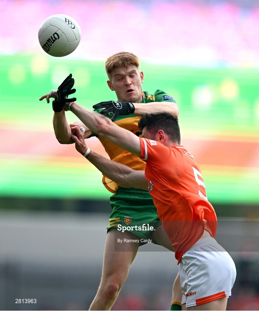 12 May 2024; Ciaran Moore of Donegal in action against Joe McElroy of Armagh during the Ulster GAA Football Senior Championship final match between Armagh and Donegal at St Tiernach's Park in Clones, Monaghan. Photo by Ramsey Cardy/Sportsfile