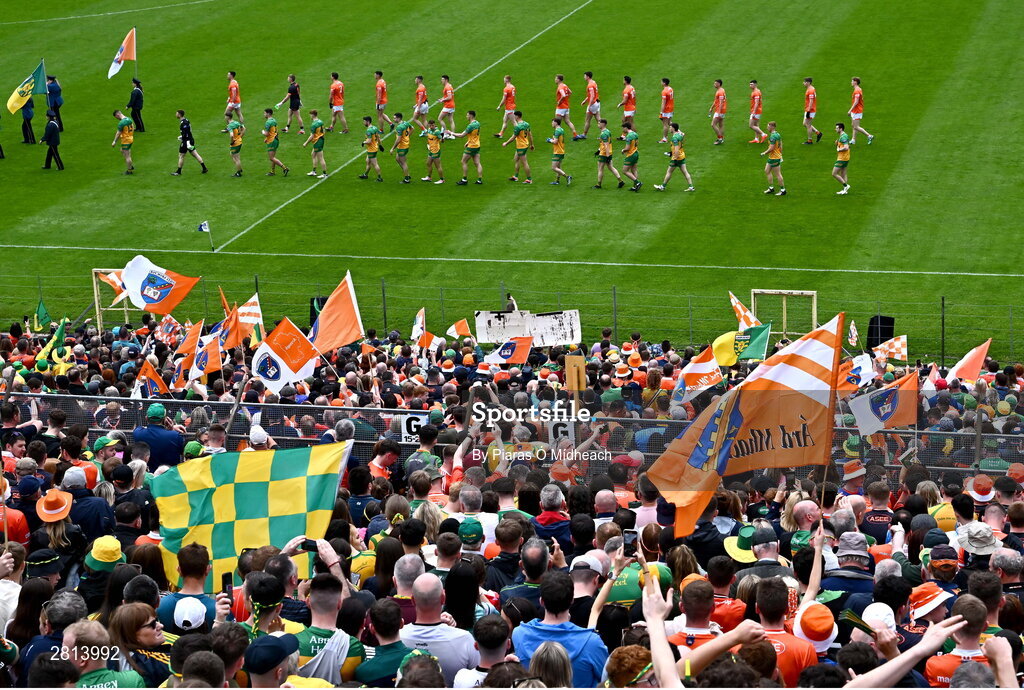 12 May 2024; The parade before the Ulster GAA Football Senior Championship final match between Armagh and Donegal at St Tiernach's Park in Clones, Monaghan. Photo by Piaras Ó Mídheach/Sportsfile