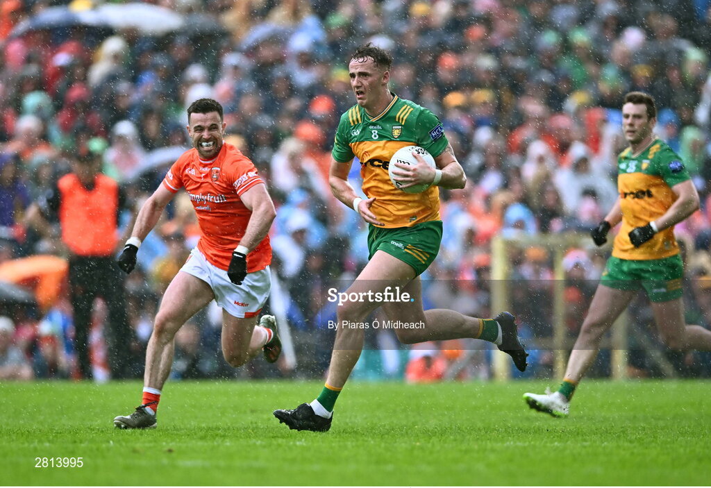 12 May 2024; Jason McGee of Donegal in action against Aidan Forker of Armagh during the Ulster GAA Football Senior Championship final match between Armagh and Donegal at St Tiernach's Park in Clones, Monaghan. Photo by Piaras Ó Mídheach/Sportsfile