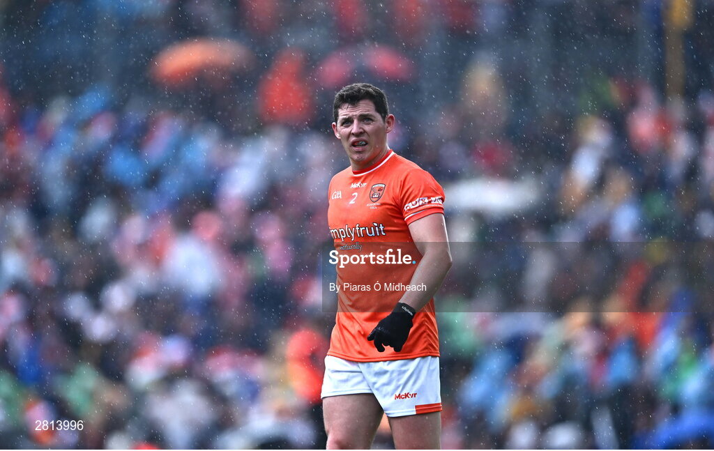 12 May 2024; Paddy Burns of Armagh during a rain shower in the Ulster GAA Football Senior Championship final match between Armagh and Donegal at St Tiernach's Park in Clones, Monaghan. Photo by Piaras Ó Mídheach/Sportsfile