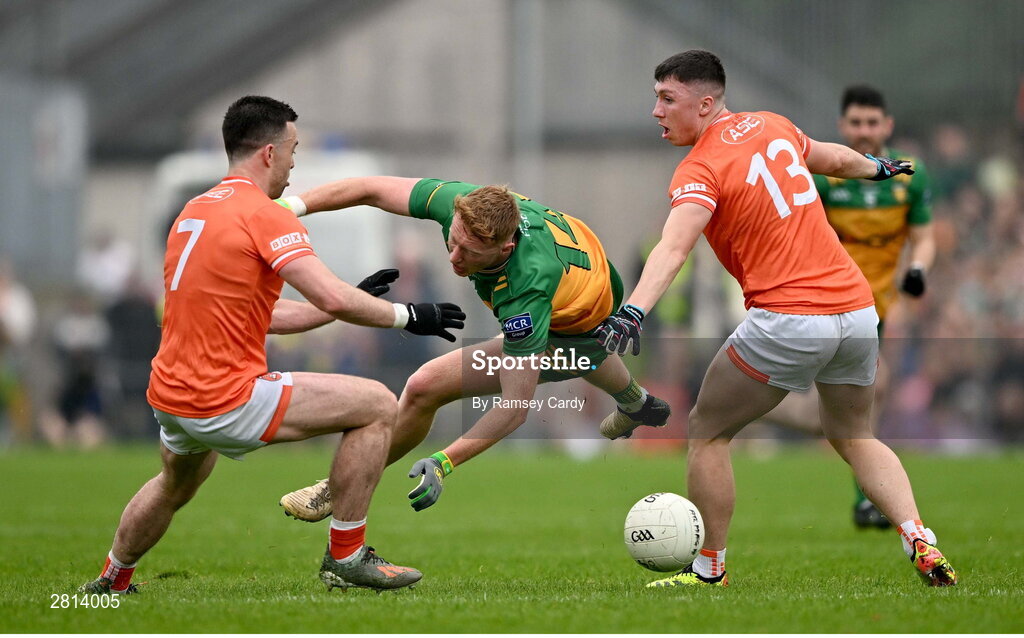 12 May 2024; Oisin Gallen of Donegal in action against Aidan Forker, left, and Oisin Conaty of Armagh during the Ulster GAA Football Senior Championship final match between Armagh and Donegal at St Tiernach's Park in Clones, Monaghan. Photo by Ramsey Cardy/Sportsfile