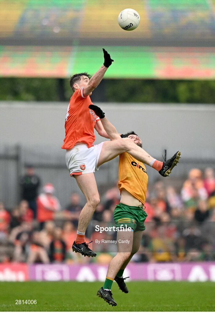 12 May 2024; Andrew Murnin of Armagh in action against Ryan McHugh of Donegal during the Ulster GAA Football Senior Championship final match between Armagh and Donegal at St Tiernach's Park in Clones, Monaghan. Photo by Ramsey Cardy/Sportsfile