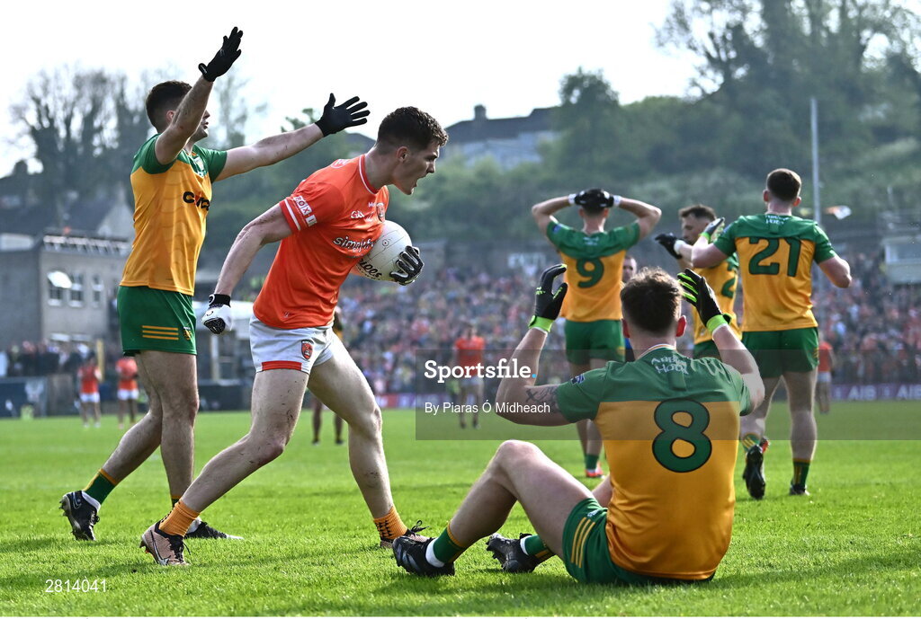 12 May 2024; Jarly Óg Burns of Armagh celebrates after winning a free during the Ulster GAA Football Senior Championship final match between Armagh and Donegal at St Tiernach's Park in Clones, Monaghan. Photo by Piaras Ó Mídheach/Sportsfile