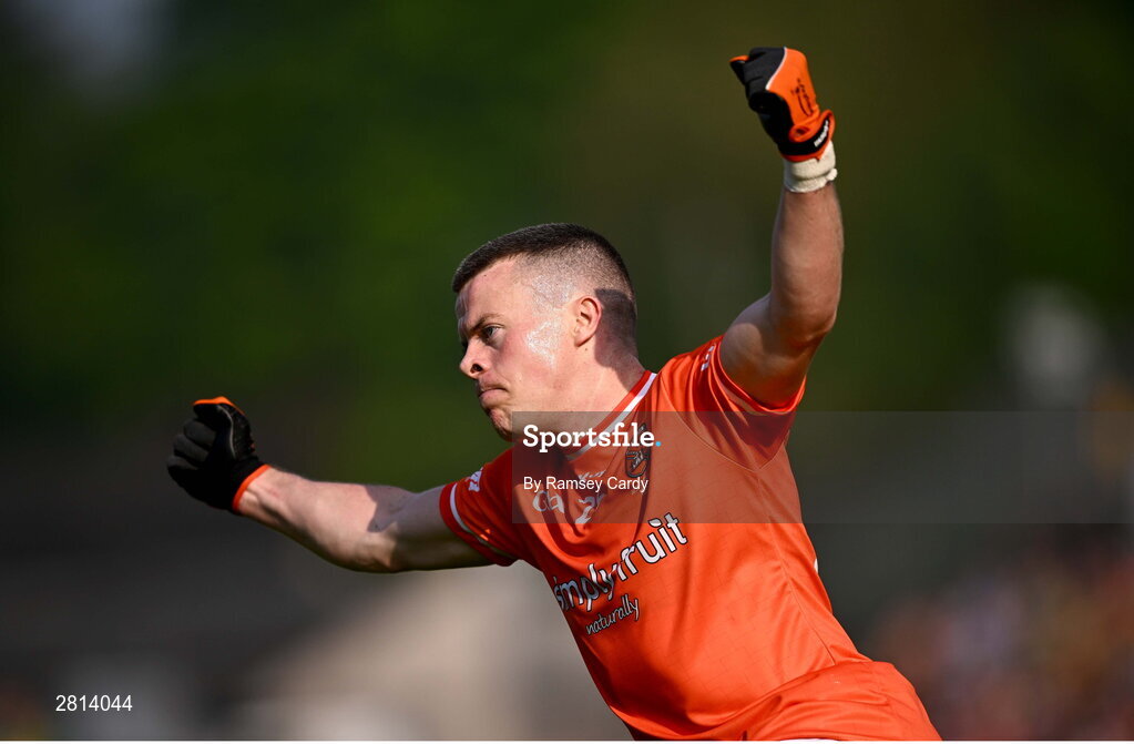 12 May 2024; Aidan Nugent of Armagh celebrates kicking a point during the Ulster GAA Football Senior Championship final match between Armagh and Donegal at St Tiernach's Park in Clones, Monaghan. Photo by Ramsey Cardy/Sportsfile