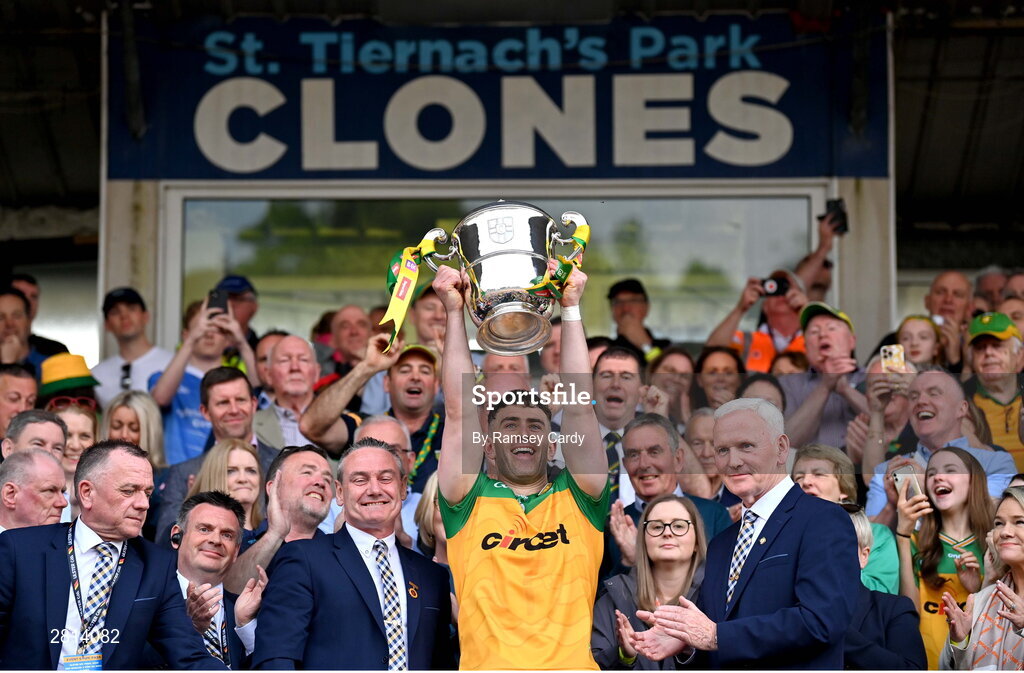 12 May 2024; Donegal captain Patrick McBrearty lifts the Anglo-Celt Cup after the Ulster GAA Football Senior Championship final match between Armagh and Donegal at St Tiernach's Park in Clones, Monaghan. Photo by Ramsey Cardy/Sportsfile
