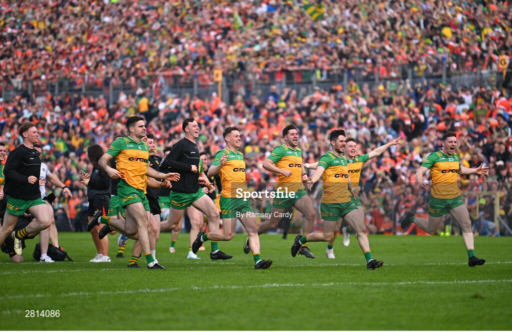 12 May 2024; Donegal players celebrate after their victory in the penalty shoot out during the Ulster GAA Football Senior Championship final match between Armagh and Donegal at St Tiernach's Park in Clones, Monaghan. Photo by Ramsey Cardy/Sportsfile