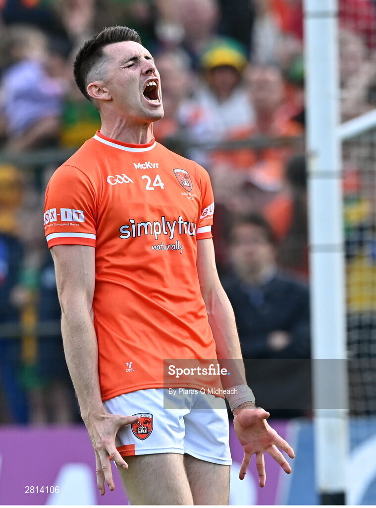 12 May 2024; Shane McPartlan of Armagh reacts after his penalty was saved by Donegal goalkeeper Shaun Patton for the last penalty in the penalty shoot-out of the Ulster GAA Football Senior Championship final match between Armagh and Donegal at St Tiernach's Park in Clones, Monaghan. Photo by Piaras Ó Mídheach/Sportsfile