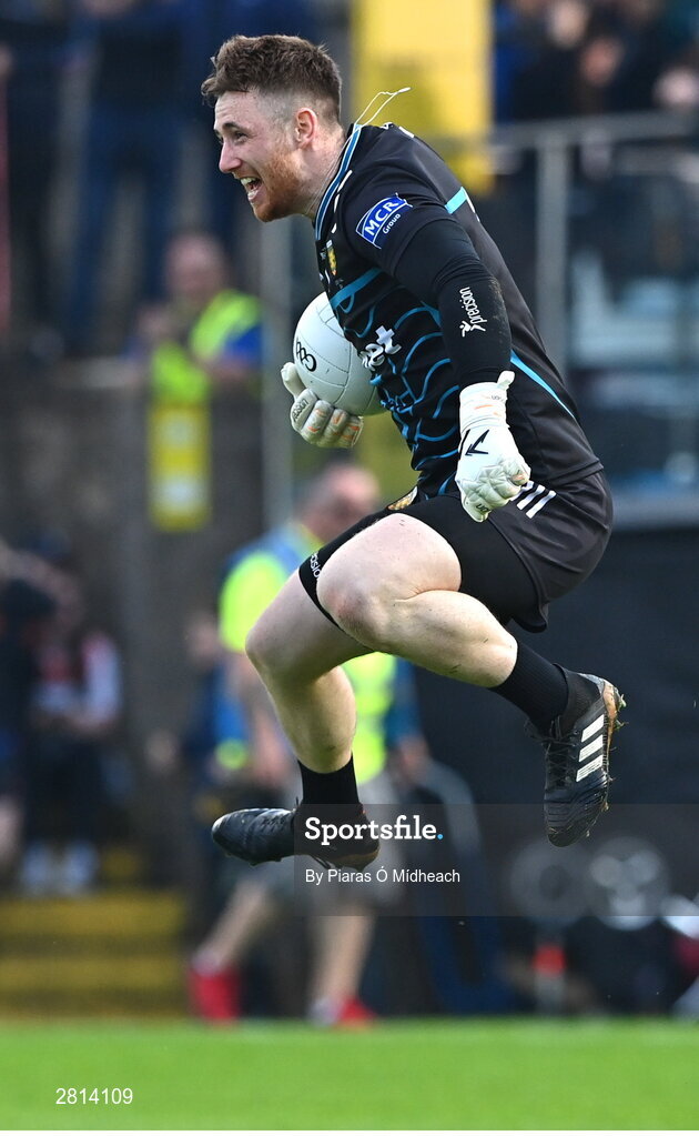 12 May 2024; Donegal goalkeeper Shaun Patton celebrates after saving the final penalty, from Shane McPartlan of Armagh, in the penalty shoot-out of the Ulster GAA Football Senior Championship final match between Armagh and Donegal at St Tiernach's Park in Clones, Monaghan. Photo by Piaras Ó Mídheach/Sportsfile