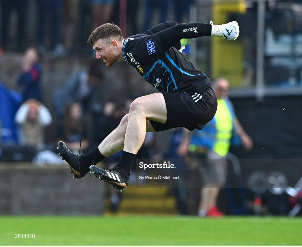 12 May 2024; Donegal goalkeeper Shaun Patton celebrates after saving the final penalty, from Shane McPartlan of Armagh, in the penalty shoot-out of the Ulster GAA Football Senior Championship final match between Armagh and Donegal at St Tiernach's Park in Clones, Monaghan. Photo by Piaras Ó Mídheach/Sportsfile