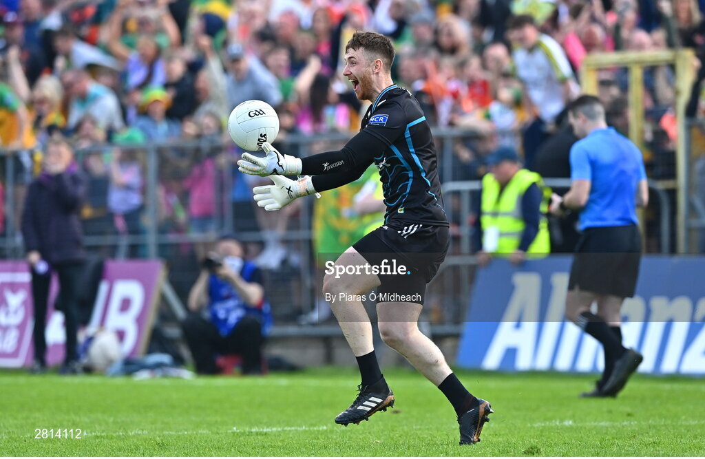 12 May 2024; Donegal goalkeeper Shaun Patton celebrates after saving the final penalty, from Shane McPartlan of Armagh, in the penalty shoot-out of the Ulster GAA Football Senior Championship final match between Armagh and Donegal at St Tiernach's Park in Clones, Monaghan. Photo by Piaras Ó Mídheach/Sportsfile