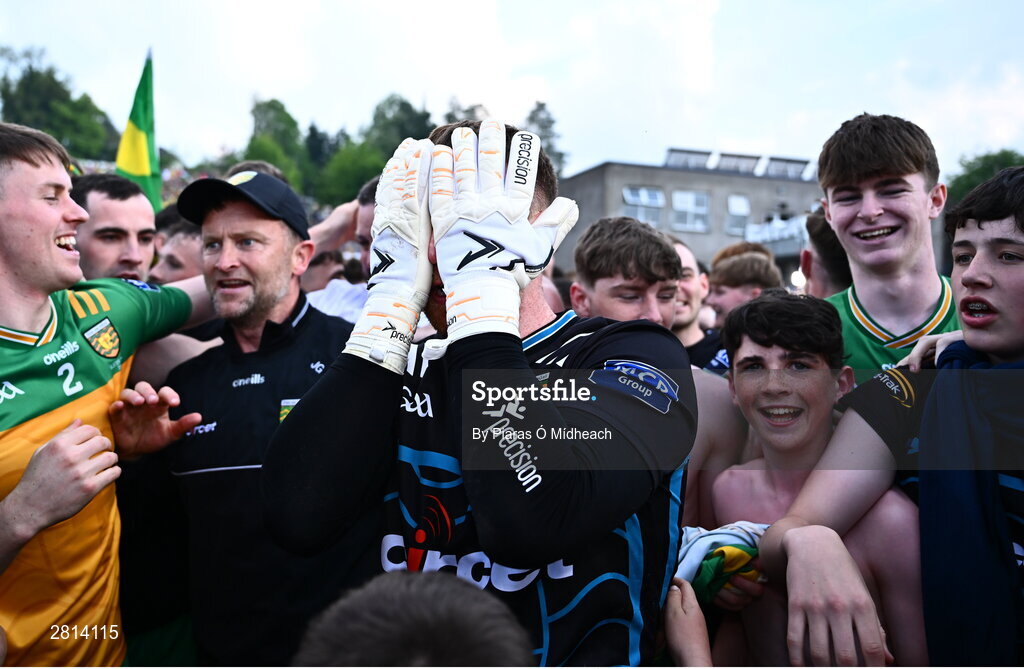 12 May 2024; Donegal goalkeeper Shaun Patton celebrates after saving the final penalty, from Shane McPartlan of Armagh, in the penalty shoot-out of the Ulster GAA Football Senior Championship final match between Armagh and Donegal at St Tiernach's Park in Clones, Monaghan. Photo by Piaras Ó Mídheach/Sportsfile