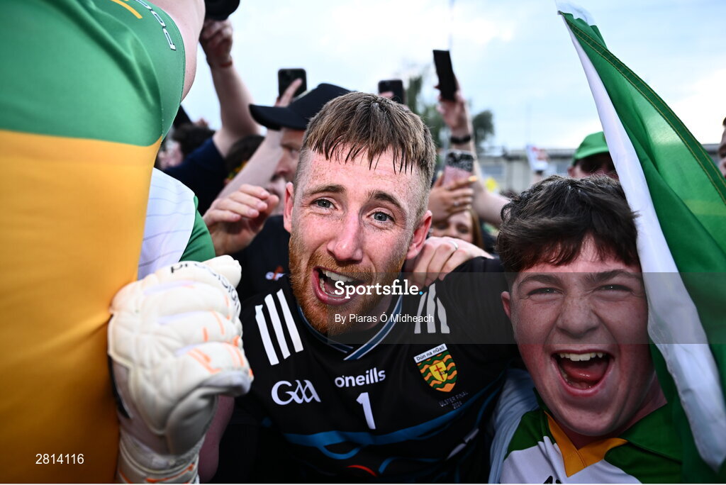 12 May 2024; Donegal goalkeeper Shaun Patton celebrates after saving the final penalty, from Shane McPartlan of Armagh, in the penalty shoot-out of the Ulster GAA Football Senior Championship final match between Armagh and Donegal at St Tiernach's Park in Clones, Monaghan. Photo by Piaras Ó Mídheach/Sportsfile