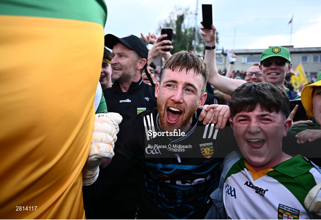12 May 2024; Donegal goalkeeper Shaun Patton celebrates after saving the final penalty, from Shane McPartlan of Armagh, in the penalty shoot-out of the Ulster GAA Football Senior Championship final match between Armagh and Donegal at St Tiernach's Park in Clones, Monaghan. Photo by Piaras Ó Mídheach/Sportsfile