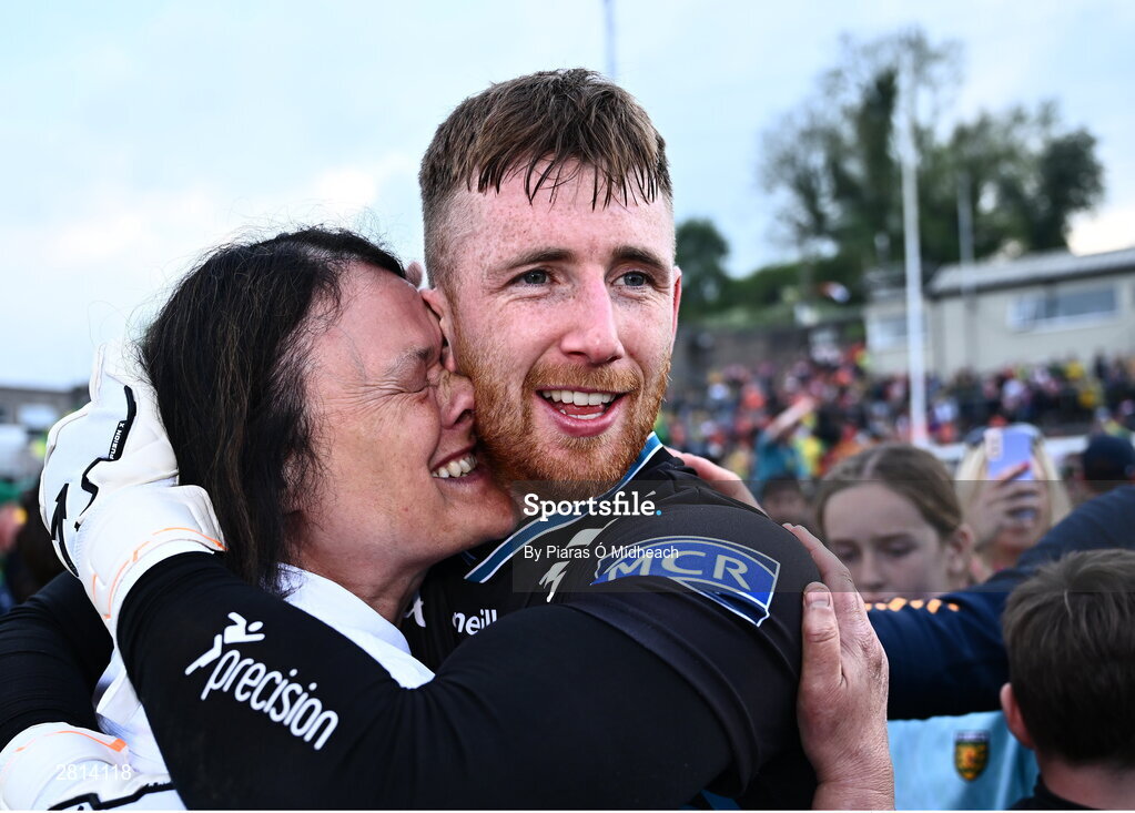 12 May 2024; Donegal goalkeeper Shaun Patton celebrates with supporter Geraldine Gallagher, after saving the final penalty, from Shane McPartlan of Armagh, in the penalty shoot-out of the Ulster GAA Football Senior Championship final match between Armagh and Donegal at St Tiernach's Park in Clones, Monaghan. Photo by Piaras Ó Mídheach/Sportsfile