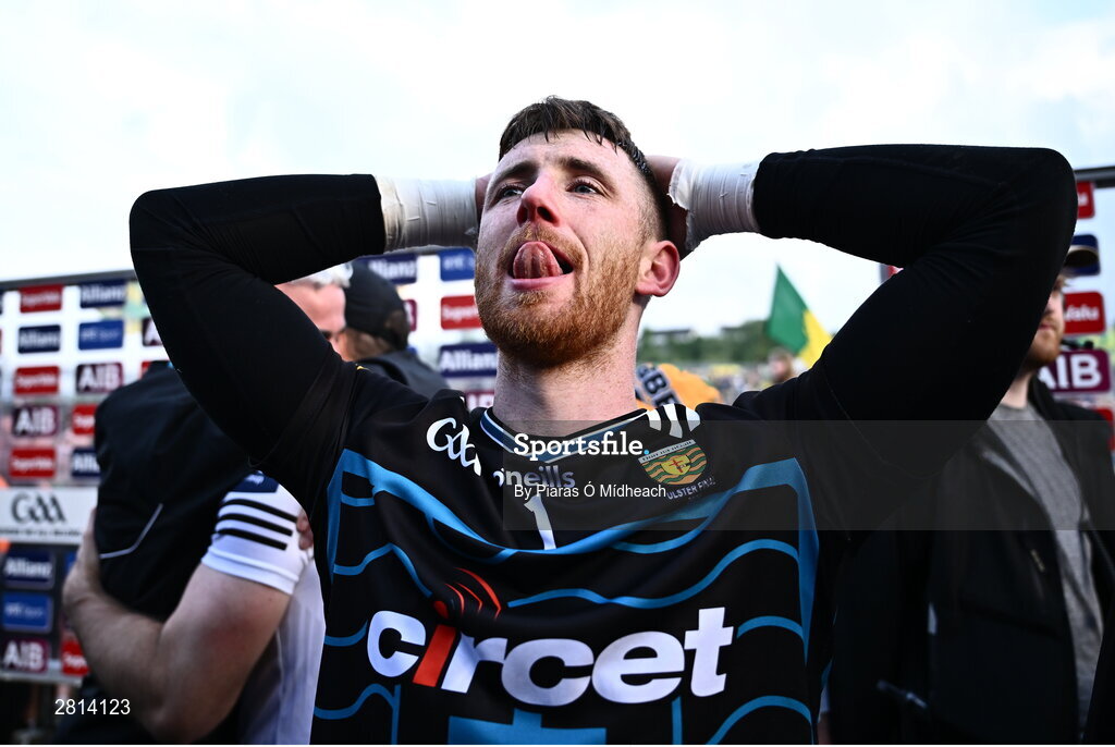 12 May 2024; Donegal goalkeeper Shaun Patton, who saved the last penalty, celebrates after his side's victory in the penalty shoot-out of the Ulster GAA Football Senior Championship final match between Armagh and Donegal at St Tiernach's Park in Clones, Monaghan. Photo by Piaras Ó Mídheach/Sportsfile