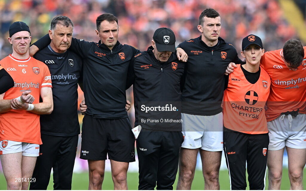 12 May 2024; Armagh manager Kieran McGeeney, centre in cap, during the penalty shoot-out of the Ulster GAA Football Senior Championship final match between Armagh and Donegal at St Tiernach's Park in Clones, Monaghan. Photo by Piaras Ó Mídheach/Sportsfile