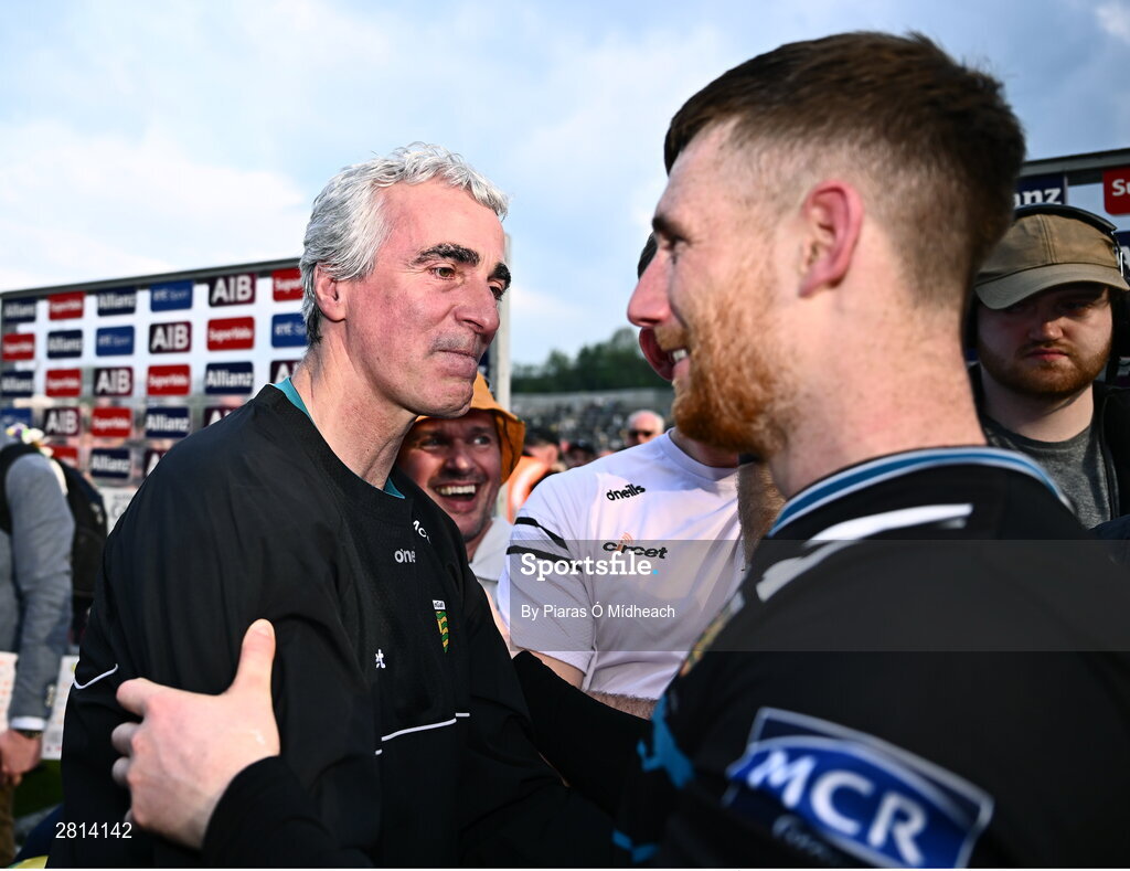 12 May 2024; Donegal manager Jim McGuinness celebrates with Donegal goalkeeper Shaun Patton after their side's victory in the penalty shoot-out of the Ulster GAA Football Senior Championship final match between Armagh and Donegal at St Tiernach's Park in Clones, Monaghan. Photo by Piaras Ó Mídheach/Sportsfile