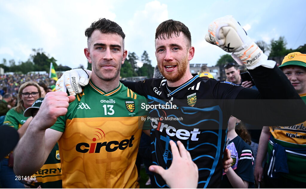 12 May 2024; Donegal captain Patrick McBrearty, left, and Donegal goalkeeper Shaun Patton celebrate after their side's victory in the penalty shoot-out of the Ulster GAA Football Senior Championship final match between Armagh and Donegal at St Tiernach's Park in Clones, Monaghan. Photo by Piaras Ó Mídheach/Sportsfile