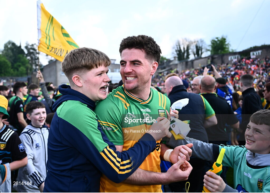 12 May 2024; Daire O Baoill of Donegal celebrates after his side's victory in the penalty shoot-out of the Ulster GAA Football Senior Championship final match between Armagh and Donegal at St Tiernach's Park in Clones, Monaghan. Photo by Piaras Ó Mídheach/Sportsfile