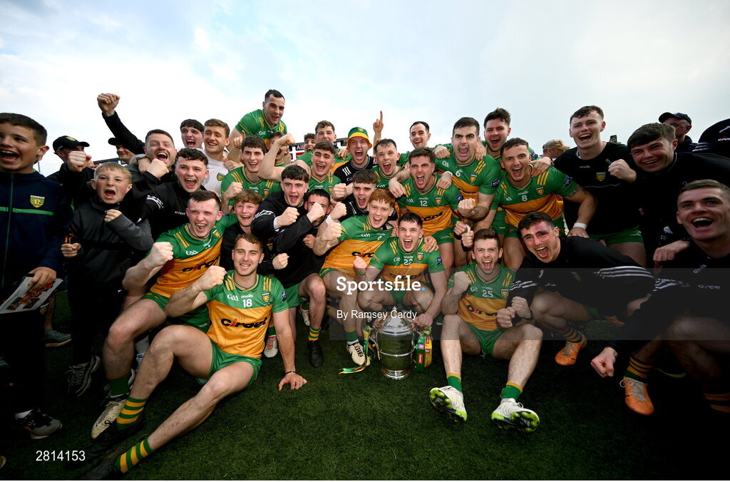 12 May 2024; The Donegal team celebrate after the Ulster GAA Football Senior Championship final match between Armagh and Donegal at St Tiernach's Park in Clones, Monaghan. Photo by Ramsey Cardy/Sportsfile