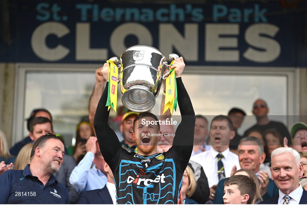 12 May 2024; Donegal goalkeeper Shaun Patton lifts the Anglo Celt Cup the Ulster GAA Football Senior Championship final match between Armagh and Donegal at St Tiernach's Park in Clones, Monaghan. Photo by Ramsey Cardy/Sportsfile