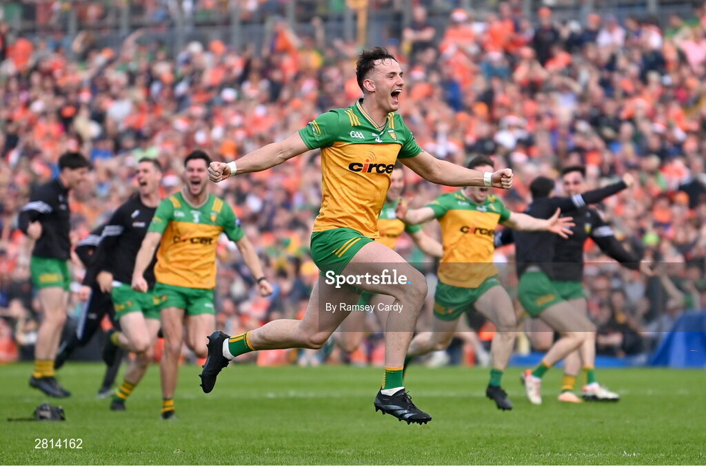 12 May 2024; Jason McGee of Donegal celebrates winning the penalty shoot-out after the Ulster GAA Football Senior Championship final match between Armagh and Donegal at St Tiernach's Park in Clones, Monaghan. Photo by Ramsey Cardy/Sportsfile