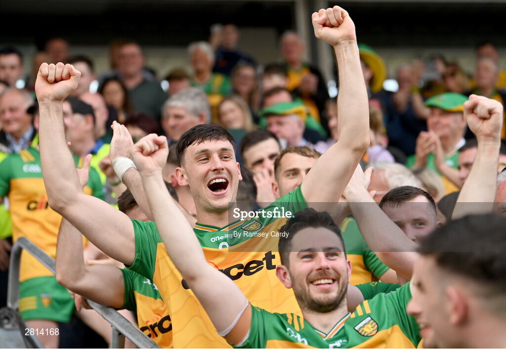 12 May 2024; Michael Langan of Donegal celebrates after the Ulster GAA Football Senior Championship final match between Armagh and Donegal at St Tiernach's Park in Clones, Monaghan. Photo by Ramsey Cardy/Sportsfile