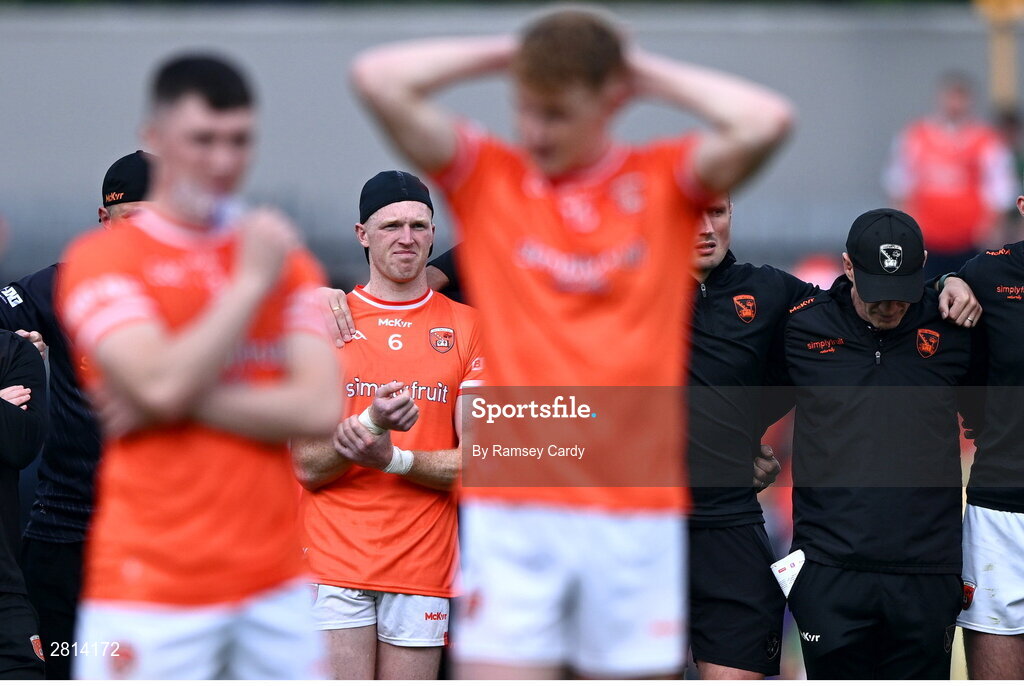 12 May 2024; Armagh manager Kieran McGeeney, right, during the Ulster GAA Football Senior Championship final match between Armagh and Donegal at St Tiernach's Park in Clones, Monaghan. Photo by Ramsey Cardy/Sportsfile