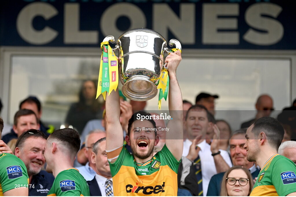 12 May 2024; Ryan McHugh of Donegal lifts the Anglo Celt Cup the Ulster GAA Football Senior Championship final match between Armagh and Donegal at St Tiernach's Park in Clones, Monaghan. Photo by Ramsey Cardy/Sportsfile