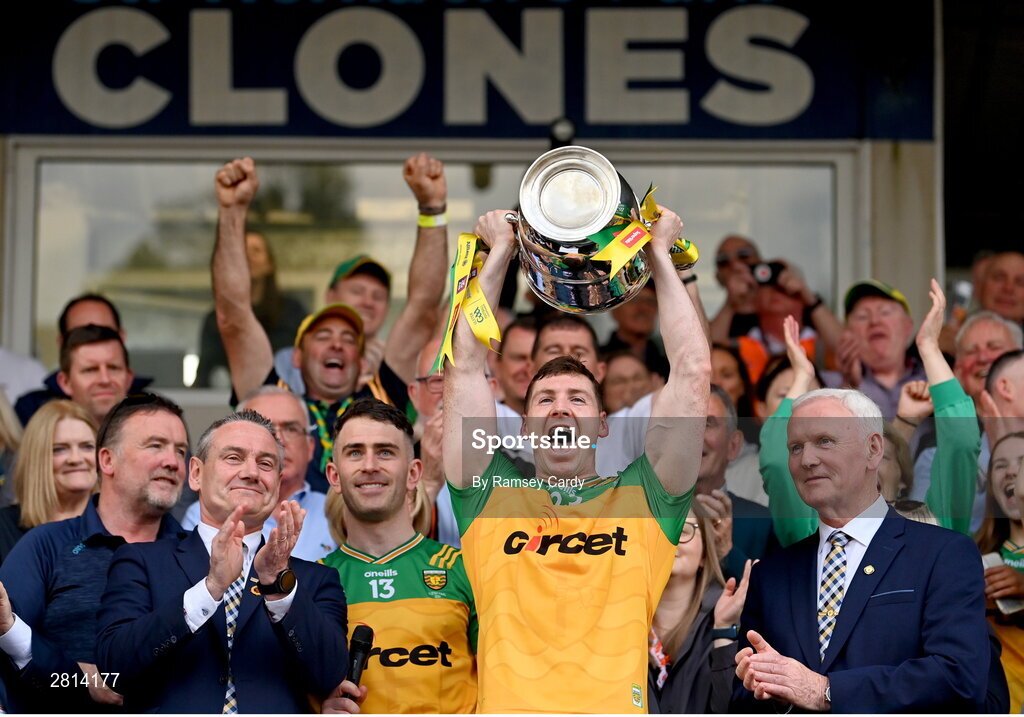 12 May 2024; Jamie Brennan of Donegal lifts the Anglo Celt Cup the Ulster GAA Football Senior Championship final match between Armagh and Donegal at St Tiernach's Park in Clones, Monaghan. Photo by Ramsey Cardy/Sportsfile